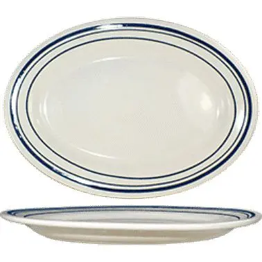 International Specialty Tableware Catania Stoneware Blue Platter 12-1/2" x 9", American Ivory Blue Band, Quantit...