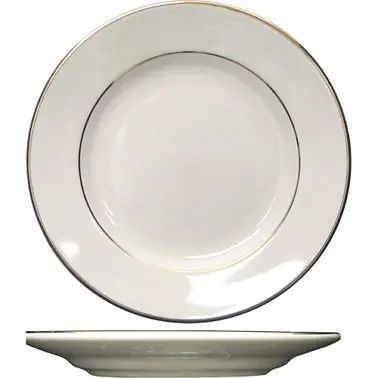 International Tableware Florentine Stoneware Gold Band Plate Glazed Foot 7-1/8, American White Gold Band, Quantity: 36 pie...