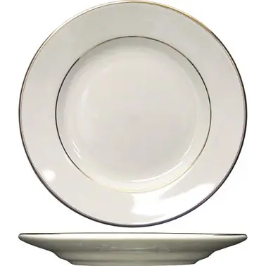 International Tableware Florentine Stoneware Gold Band Plate Glazed Foot 9", American Ivory Gold Band, Quantity: 24 p...