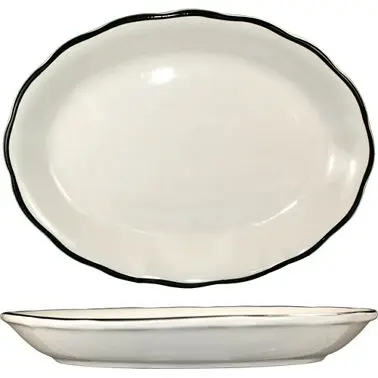 International Tableware Sydney Stoneware Black Platter 11-1/2" x 8-5/8", American White Black Trim, Quantity: 12...