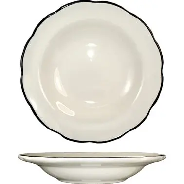 International Tableware Sydney Stoneware Carbon Black Deep Rim Soup Bowl 8-7/8" (12oz, American White Black Trim, Qua...