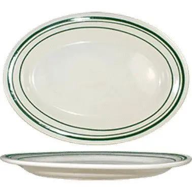 International Tableware Verona Stoneware Green Platter 12-1/2" x 9", American Off-White Green Band, Quantity: 12...