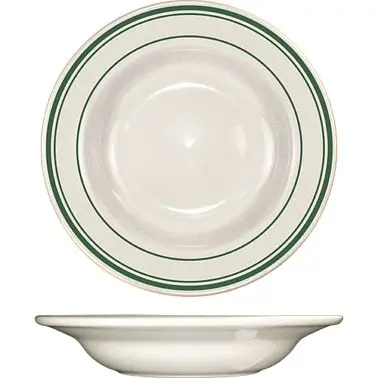 International Tableware Verona Stoneware Sage Deep Rim Soup Bowl (10oz), American White Green Band, Quantity: 24 pieces, VE-3