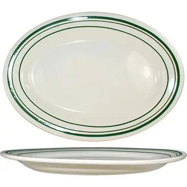 International Tool-Free Tableware Verona Stoneware Green Platter 11-1/2" x 8-1/4", American White Green Band, Qu...