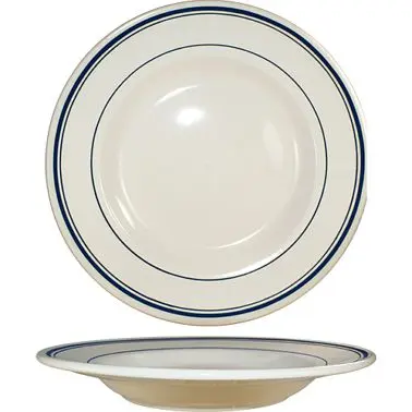 International Tough Tableware Catania Stoneware Blue Pasta Bowl (20oz), American White Blue Band, Quantity: 12 pieces, CT-...