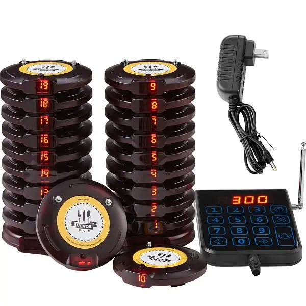 VEVOR Plug-and-Play Restaurant Pager System, Wireless 500m Long Range Lineup Waiting Queue Indicational, 20 Buzzers, DCPQC...