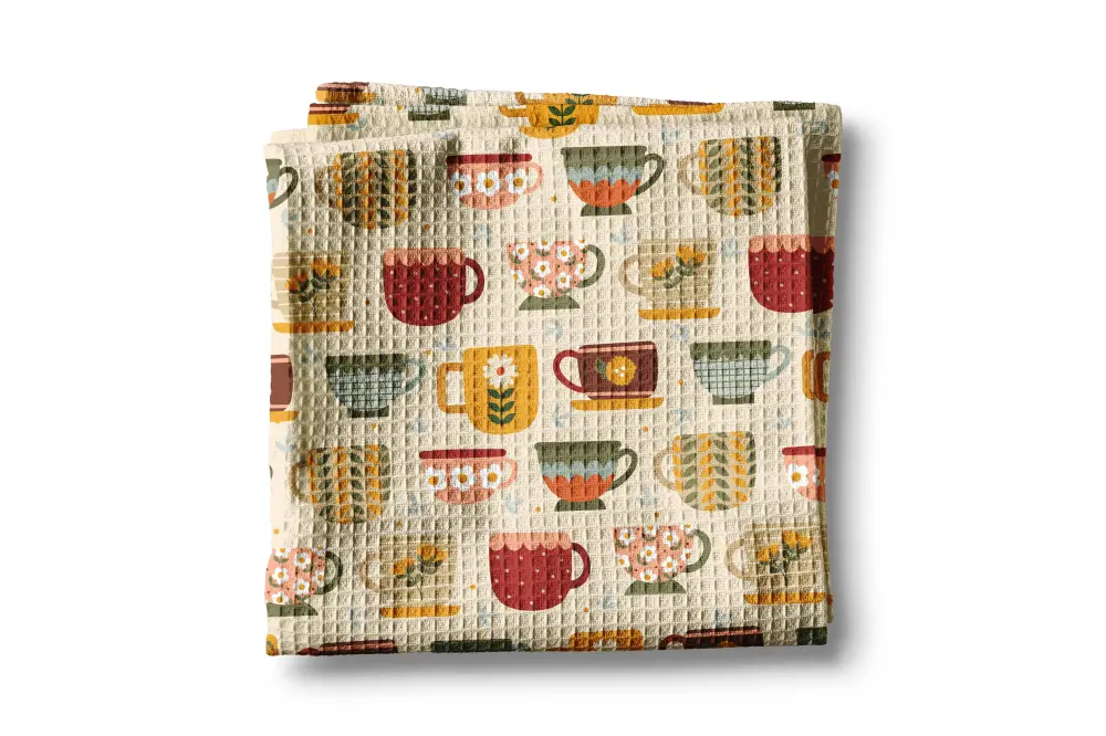 Retro Tea Cup Waffle Kitchen Towel
