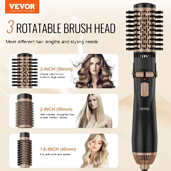 VEVOR Luminous Rotating Hair Dryer Brush Hot Air Styling Brush 3 Interalter Heads, ZHZYXJFRFSYTZZL5TV1