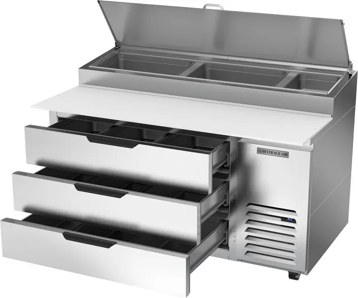 Beverage-Air Traditional Deli/Pizza Prep Table Three Drawers, Exterior Dimensions: WxDxH: 60" X 37" 53 1/4”, D...