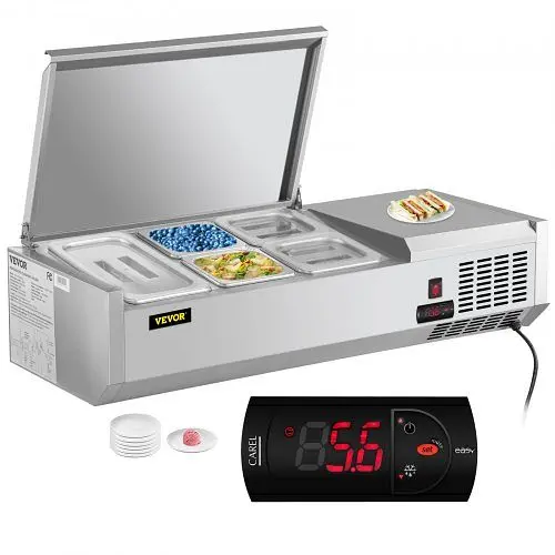 VEVOR 40" Countertop Refrigerated Salad Pizza Prep Station Stainless Cover 5 Pans, DGBXGLZ40110V7P8DV1