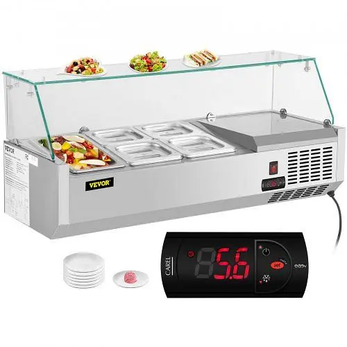 VEVOR 40" Countertop Refrigerated Salad Pizza Prep Station Glass Shield 5 Pans, BLZBXGL40110VQLX5V1