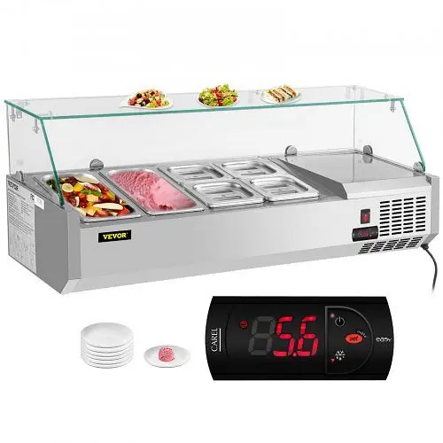 VEVOR 48" Countertop Refrigerated Salad Pizza Prep Station Glass Shield 6 Pans, BLZBXGL48110VWDTZV1