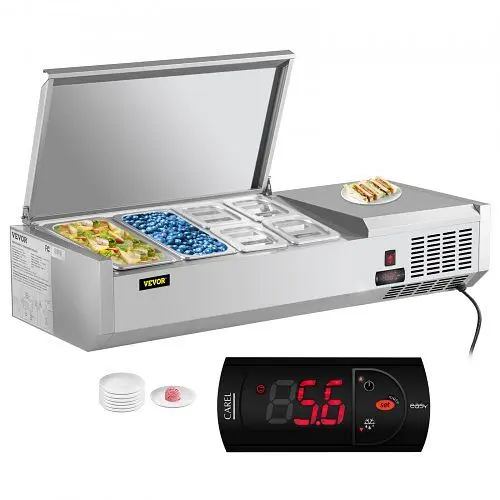VEVOR 48" Countertop Refrigerated Salad Pizza Prep Station Water-Based Stainless Cover 6 Pans, DGBXGLZ48110VYTQTV1