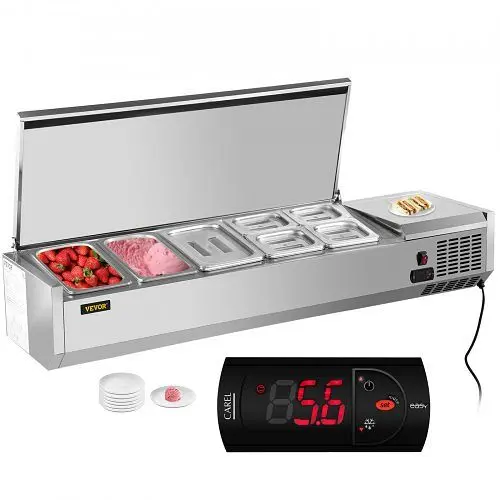 VEVOR 55" Countertop Refrigerated Salad Pizza Prep Station Water-Based Stainless Cover 7 Pans, DGBXGLZ55110V53XHV1