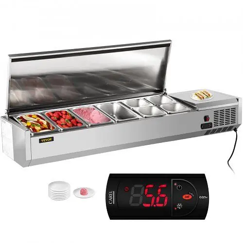 VEVOR 60" Countertop Refrigerated Salad Pizza Prep Station 8 Pan Wood Stainless Cover, DGBXGLZ60110V7K9SV1