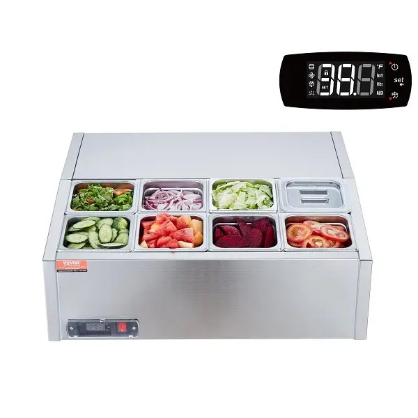 VEVOR Neon Countertop Refrigerated 140 W Condiment Prep Station, 8 1/6 Pans, 304 Gel Stainless Body & PC Lid, BXGZLZDW...