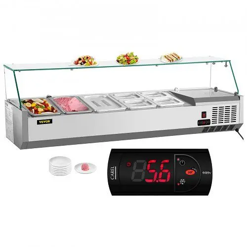 VEVOR Plug-and-Play Countertop Refrigerated Salad Pizza Prep Station Glass Shield 7 Pans, BLZBXGL55110V4XT1V1