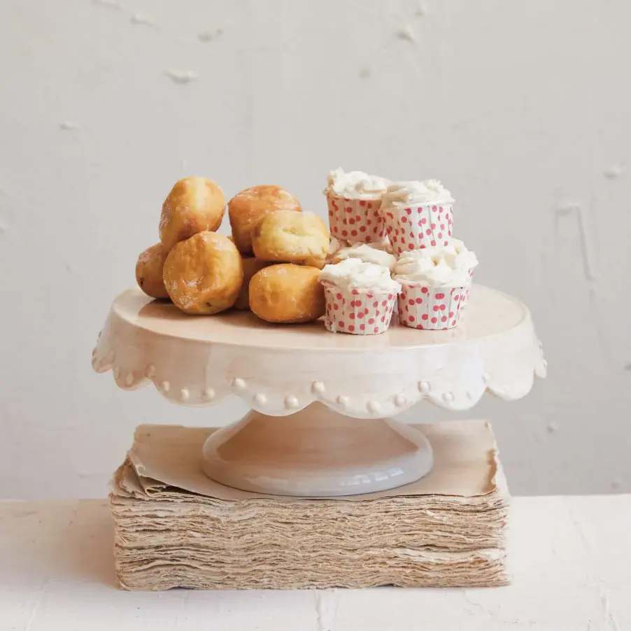Hand-Painted Stoneware Pedestal w/ Scalloped Edge & Raised Dots