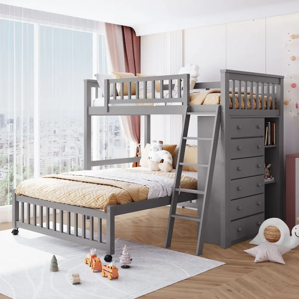 Bunk Bed 6 Drawers And Multi-purpose Shelves, Bottom Bed Wheels Storage