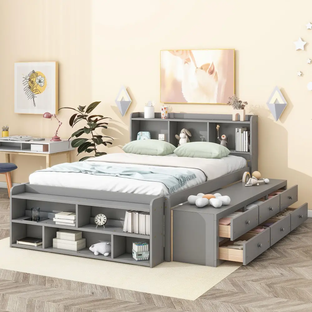 Certified Non-Toxic Bed Bookcase Headboard, Under Bed Storage Drawers And Bed End Storage Case