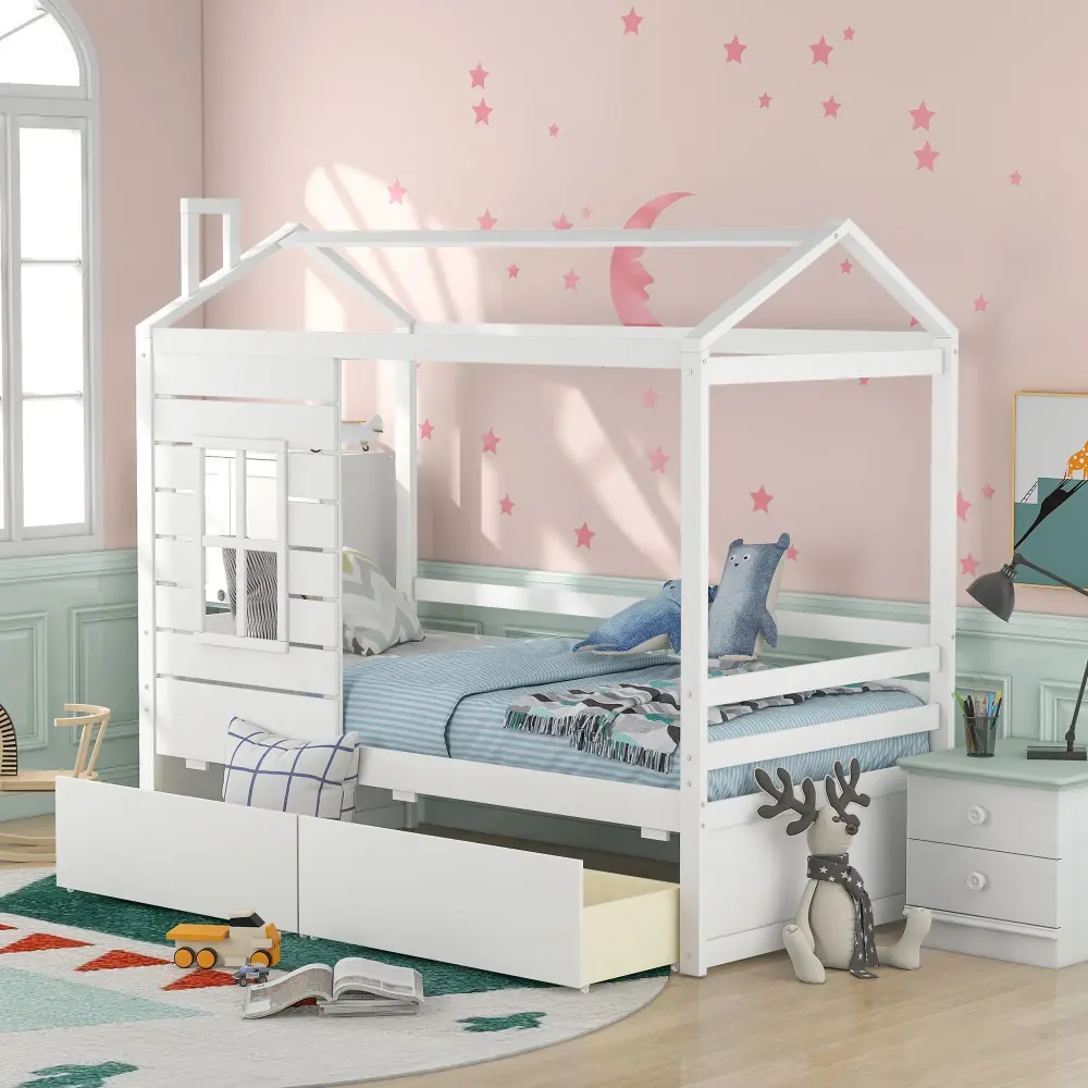 Twin Size Iconic House Bed 2 Drawers - White