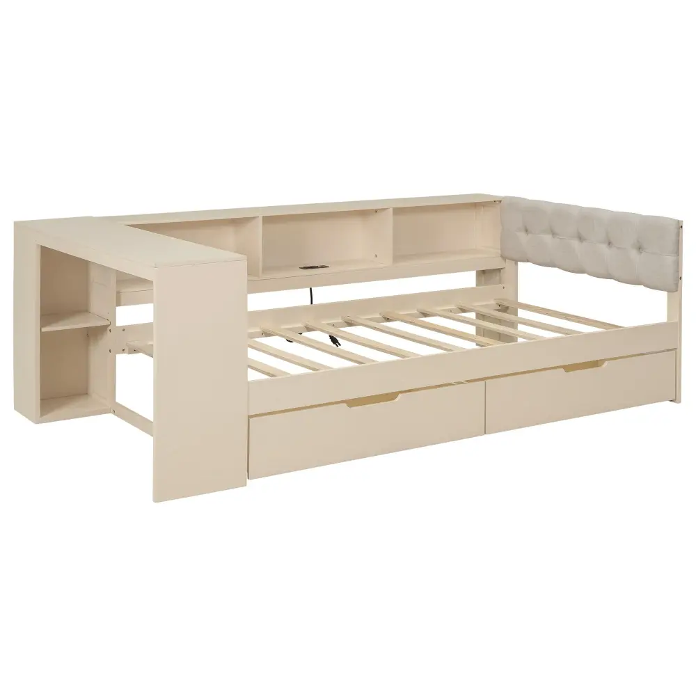 Upholstered Headboard Platform Bed Storage Shelves, Drawers, Charging Station