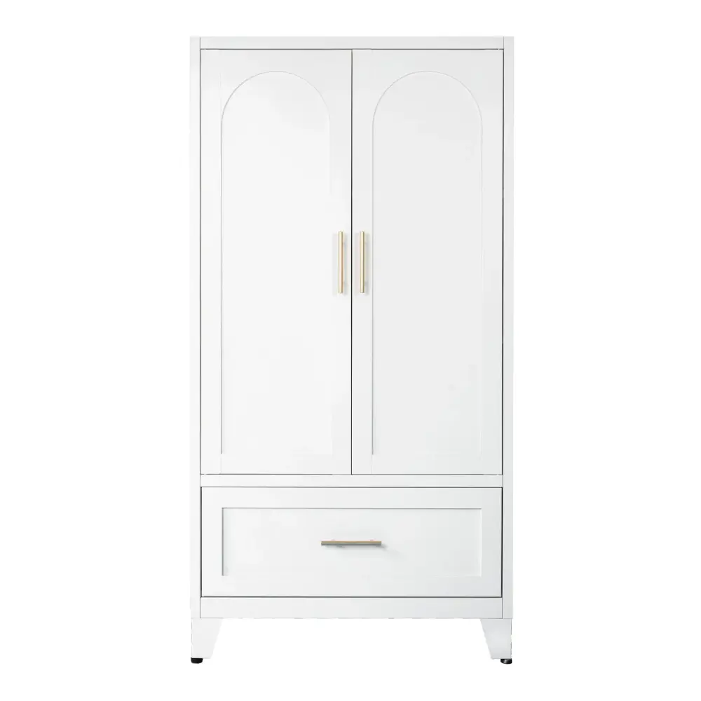 Wardrobe Cabinet 1 Drawer And Hanging Rod, 2 Doors Closet Shelf Bedroom - Snow No-Squeak Design