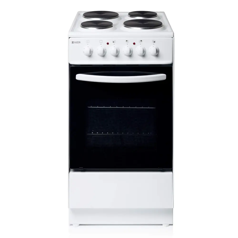 Haden Electric Cooker Freestanding 52 Litre Cooker 4 Solid Plate Rings Individual Cavity Oven 50cm, White CA03
