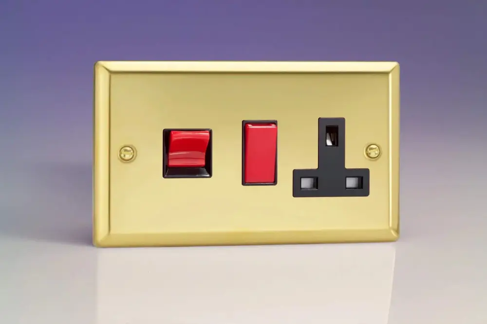 Varilight 45A Cooker Panel 13A Twin Pole Switched Plug Socket Outlet (Red Rocker) Victorian Brass XV45PB