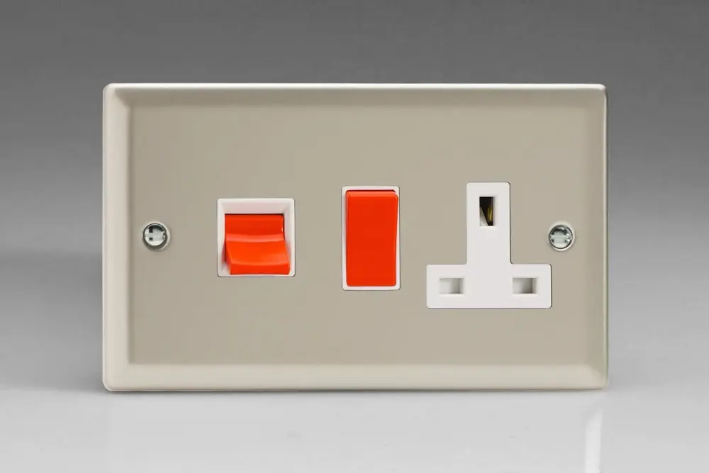 Varilight Archetypal Satin Chrome 45 Amp Cooker Switch & 13 Amp Switched Plug Socket White Inserts XN45PW