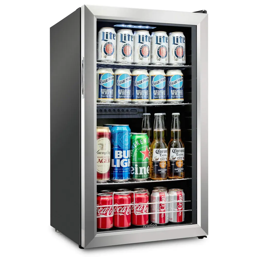 Ivation 126 Can Beverage Refrigerator, Freestanding Mini Fridge Glass Door - Non-corrosive Steel