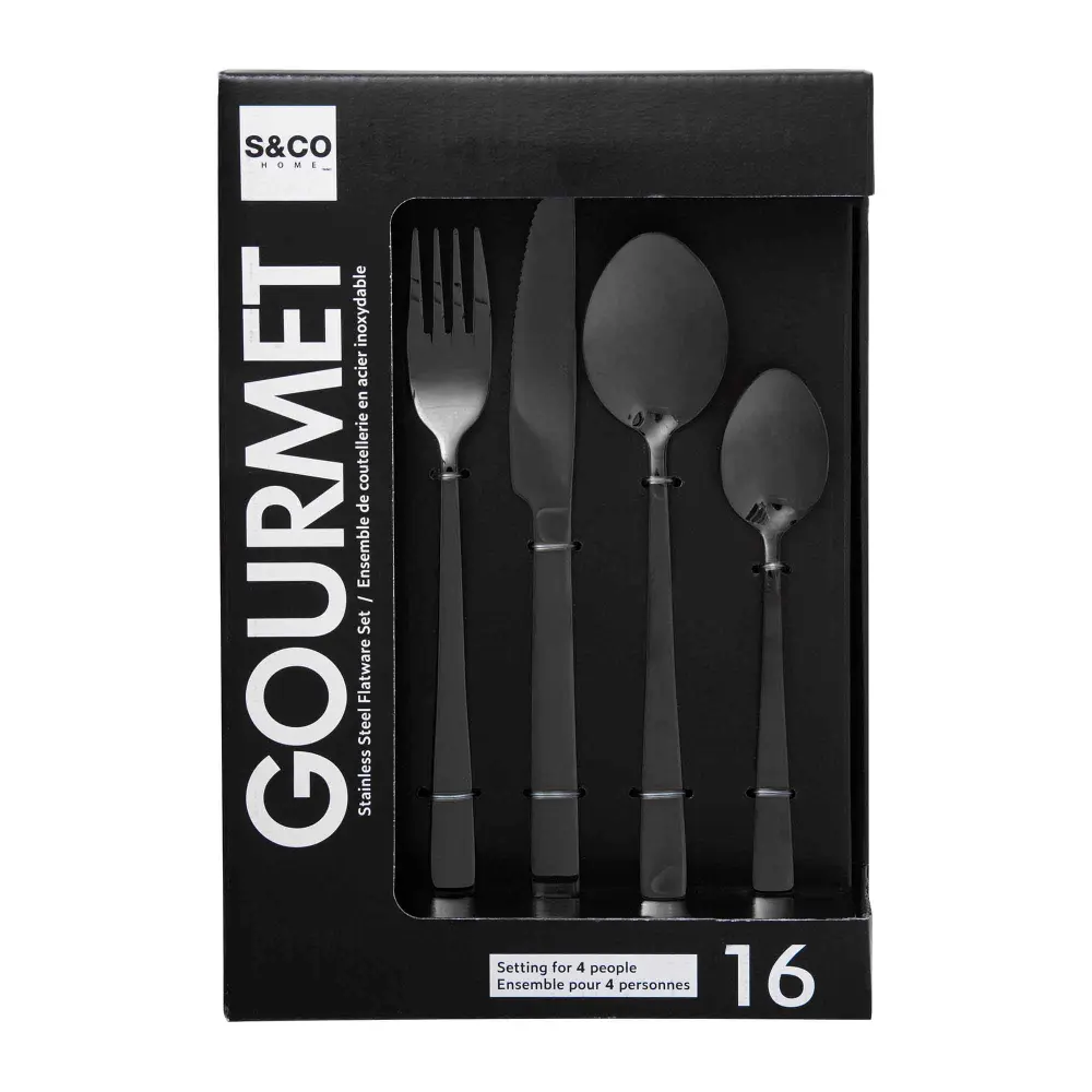 Gourmet Black stainless steel flatware Place 4 People, (16 Pieces)