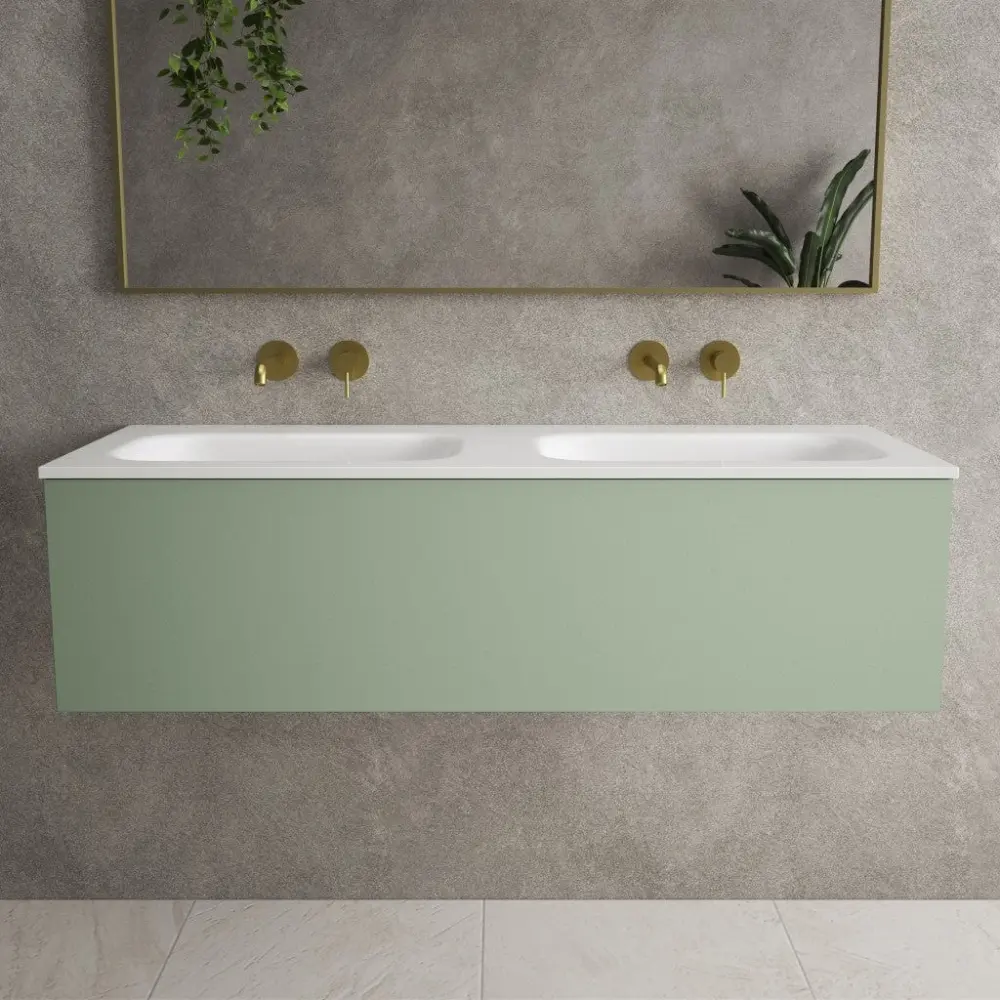 Raffinata One Drawer Vanity Unit Beyondstone Duplicate Basin - Matt Light Green 1200mm