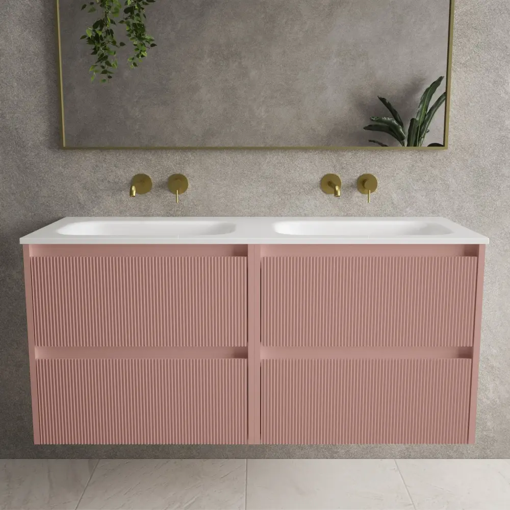 Scanalato Four Drawer Vanity Unit Beyondstone Double Basin - Dusky Coral 1200mm