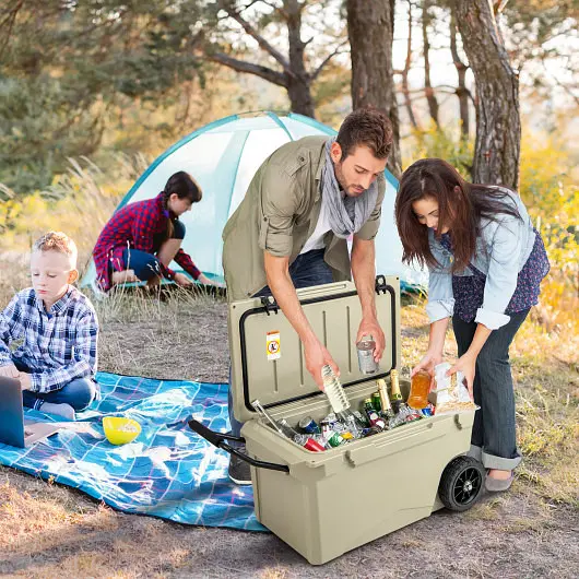 Costway Certified-Safe 75 Quart Travel-friendly Cooler Rotomolded Ice Chest Handles and Wheels, Tan, GP11738SA