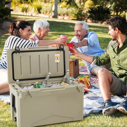 Costway 50 QT Rotomolded Cooler Insulated Travel-friendly Ice Chest Merged Cup Holders, Tan, GP11737SA