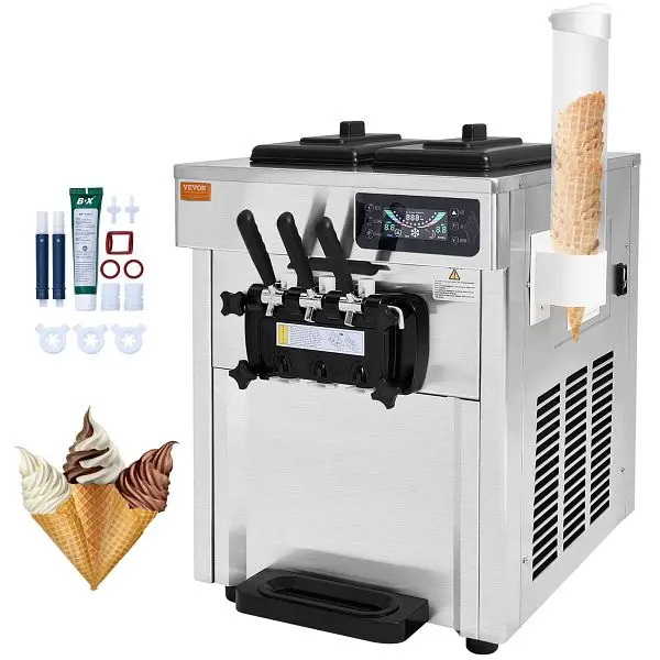 VEVOR Commercial Ice Cream Machine, 18-28 L/H Yield, 1850W 3-Flavor, 2 x 5.5L Gel Stainless High-Carbon Steel Cylinder, LE...