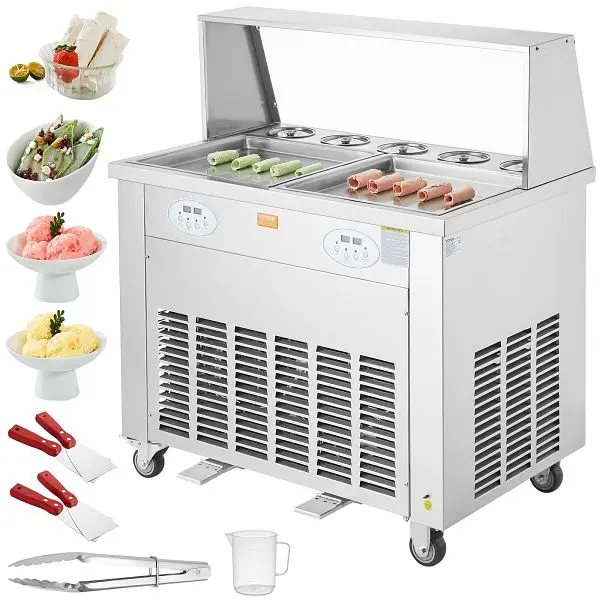 VEVOR Fried Ice Cream Spool Machine, 2 Each 13.8"x 13.8" Square Stir-Fried Ice Cream Pans, Compressor and 4 Scra...