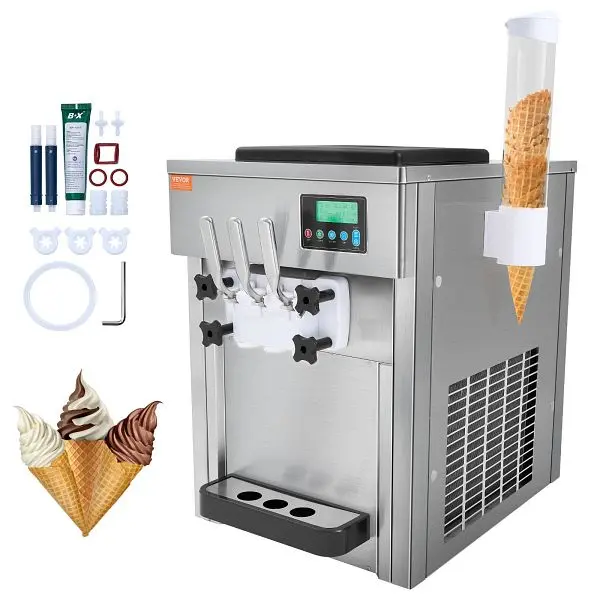 VEVOR OSHA-Compliant Commercial Ice Cream Machine, 21 QT/H Yield, 1800W 3-Flavor, 2 x 4L Hopper 2 x 1.8L Cylinder, LCD Pan...
