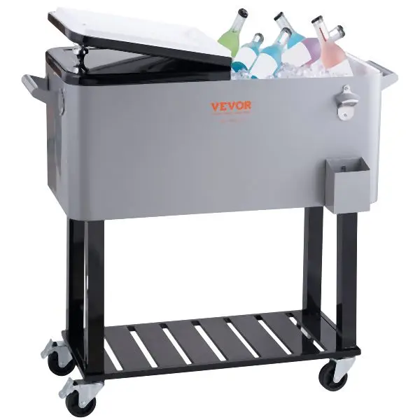 VEVOR Spooling Ice Chest Cooler Cart 80 Quart, Travel-friendly Bar Drink Cooler, Beverage Bar Stand Up Cooler Wheels, Bott...