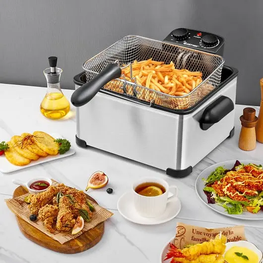 Costway Electric Deep Fryer 5.3QT/21-Cup Wood Stainless Spring Steel 1700W Triple Binquireet, EP24955US