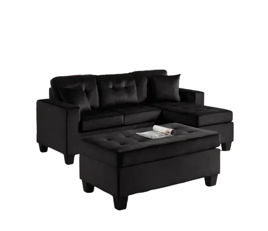 Naomi Black Velvet - Reversible Sectional & Ottoman Place