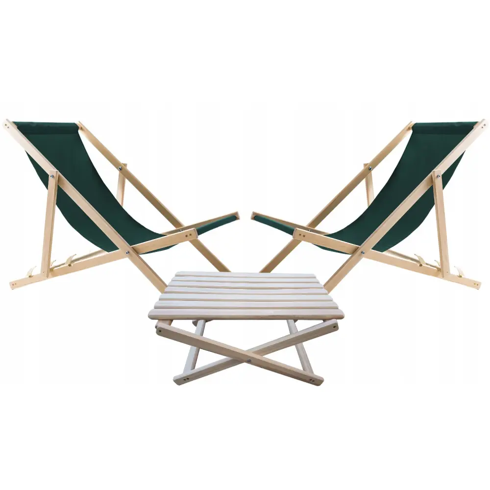 Adjust 2 beach chairs, green color + wooden coffee table Woodok
