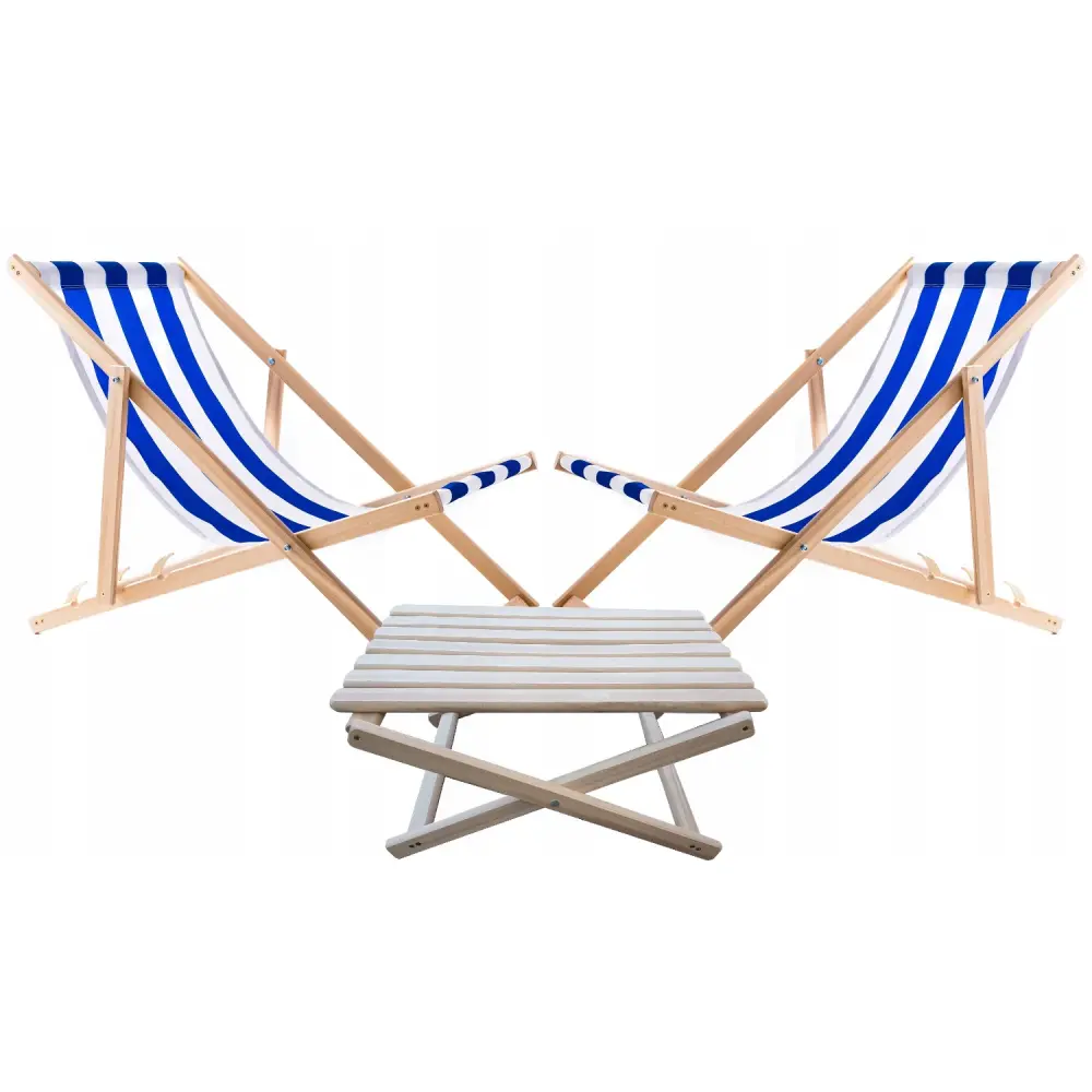 Set 2 beach chairs, blue stripes + timber coffee table Woodok