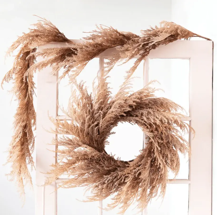Mixed Pine Faux Pampas Grass Wreath, Blush
