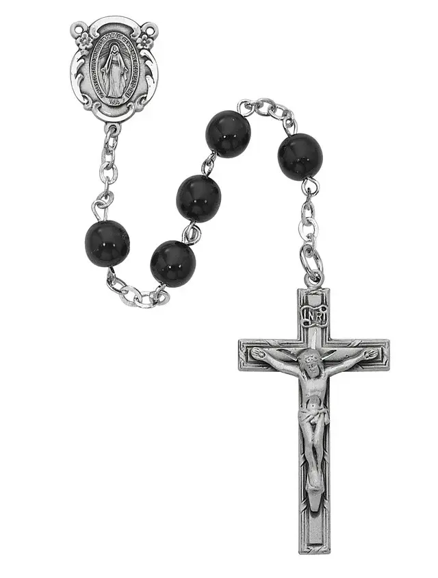 7MM BLACK GLASS ROSARY - 121D-BKF