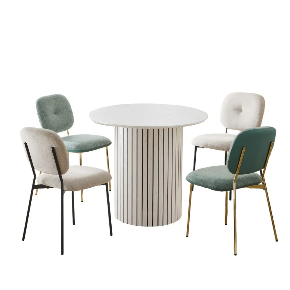 Modern 4 Person Dining Set Bamboo & Table And Turquoise & Chairs Alloy Legs, Space Saving Design - White