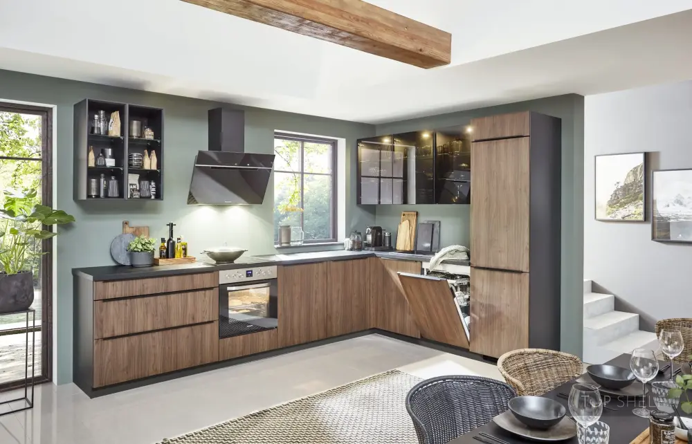 nobilia corner kitchen Riva 840 walnut 370 x 250 cm glass wall cabinets