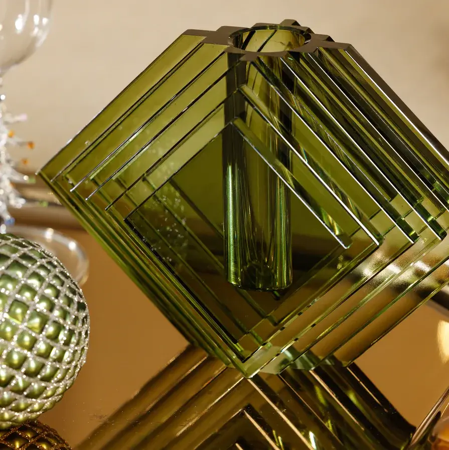 Stacked Concentric Diamond Motif Crystal Glass Vase, Sage