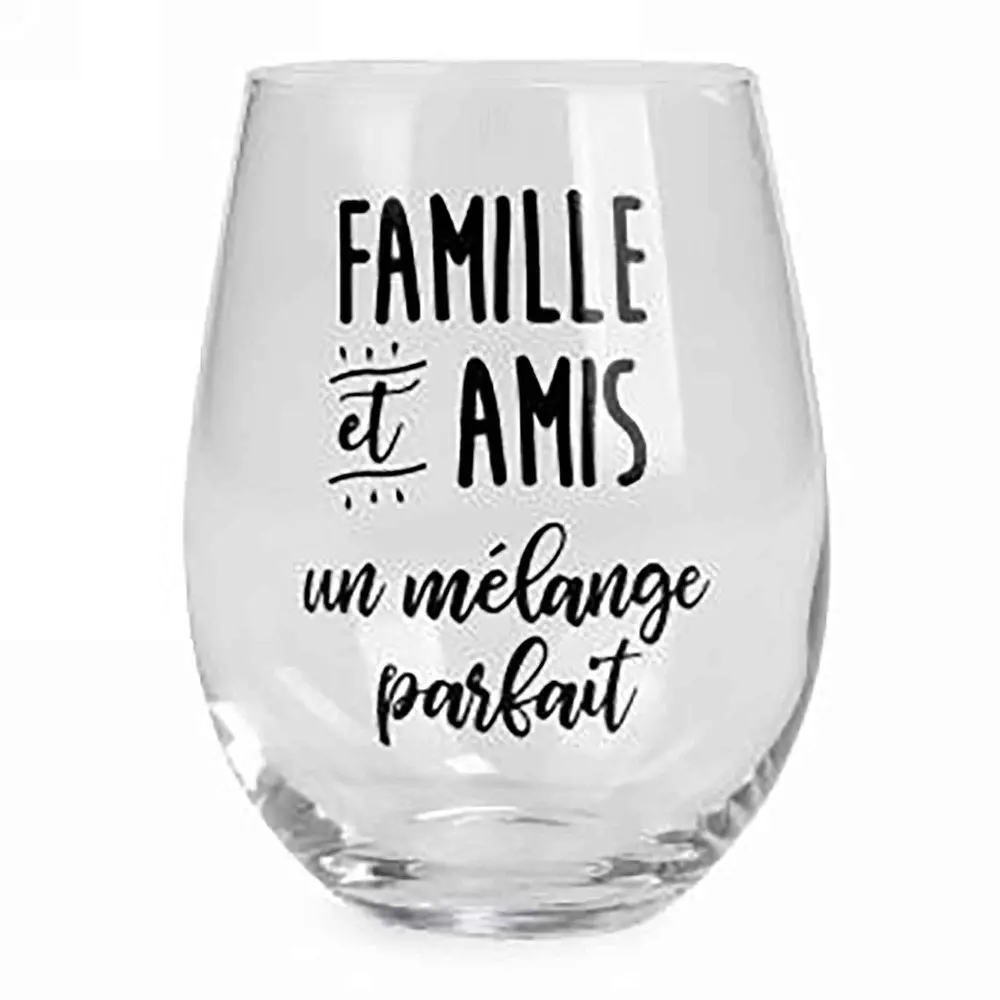 Stemless Wine Glass Onyx Inscription "FAMILLE et AMIS...", 3.5" x 5"